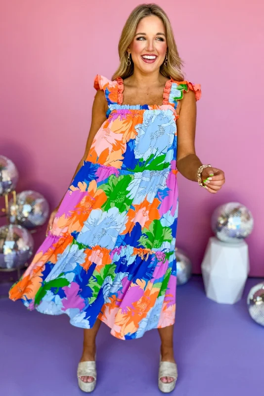 High - low midi dresses with geometric patterns for a modern partyOrange Multi Floral Print Flutter Elastic Shoulder Midi Dress