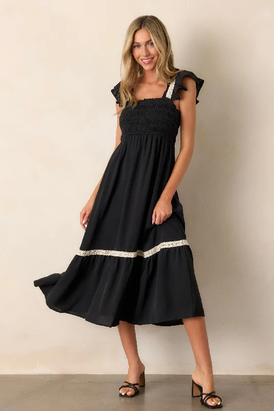Midi dresses with cotton - blend materials for everyday comfortOver the Hills Black Smocked Midi Dress Midi dresses with cotton - blend materials for everyday comfortOver the Hills Black Smocked Midi Dress