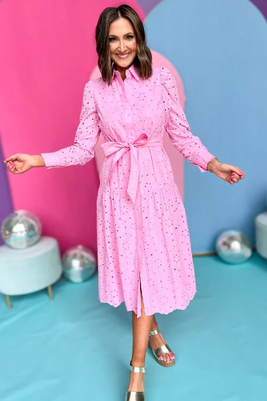 Midi dresses with mesh inserts for a trendy and breathable optionPink Collared Button Front Self Tie Eyelet Midi Dress Midi dresses with mesh inserts for a trendy and breathable optionPink Collared Button Front Self Tie Eyelet Midi Dress