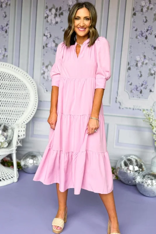 Midi dresses with tassel accents for a bohemian and free - spirited stylePink Split Neck Three Quarter Sleeve Tiered Midi Dress Midi dresses with tassel accents for a bohemian and free - spirited stylePink Split Neck Three Quarter Sleeve Tiered Midi Dress