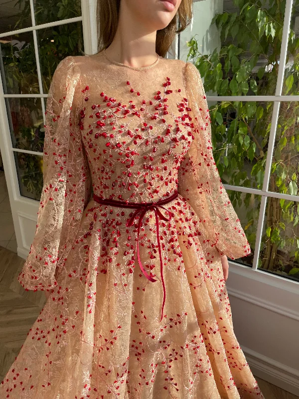 High - low midi dresses with geometric patterns for a modern partyPomegranate Embers of Lace Gown