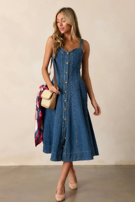 Plaid midi dresses for a fall - themed family gatheringQuiet Moments Dark Wash Denim Midi Dress