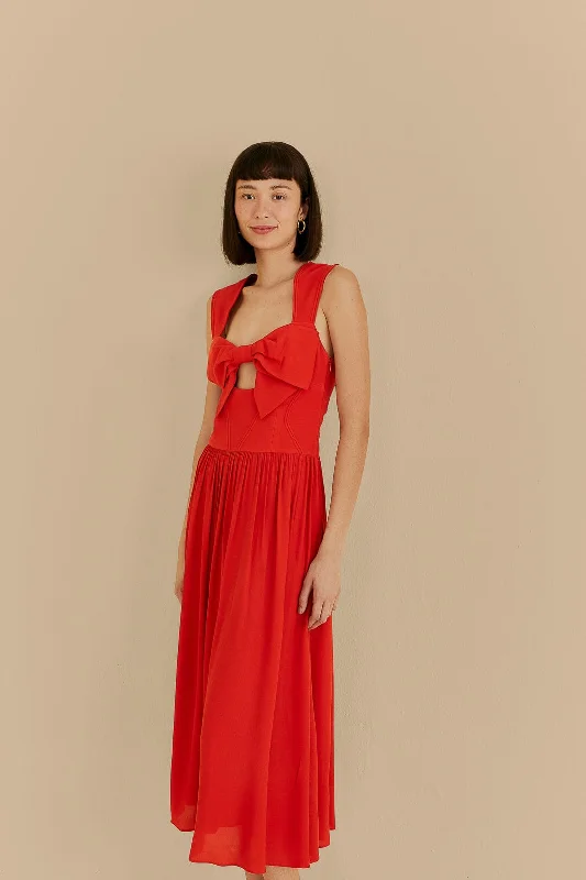 Midi dresses with sheer panels for a touch of allureRed Bow Sleeveless Midi Dress