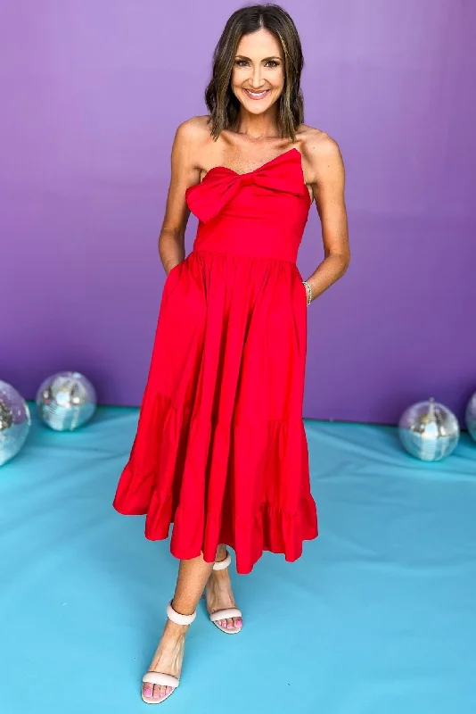 Midi dresses with wrap - around skirts for a customizable fitRed Front Bow Detail Tiered Midi Dress Midi dresses with wrap - around skirts for a customizable fitRed Front Bow Detail Tiered Midi Dress