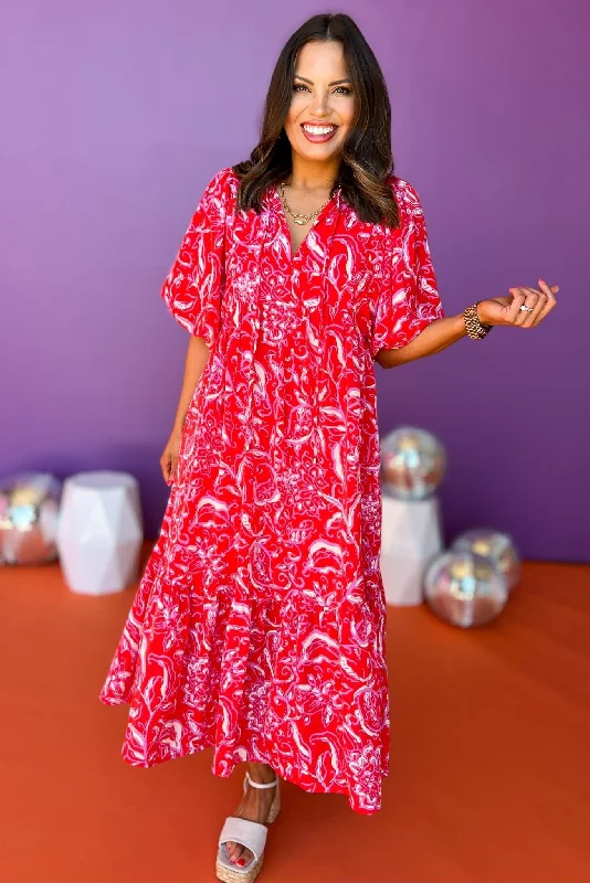 Midi dresses with empire waists for a flattering maternity optionRed Print Self-Tie Front Detail Elastic Short Sleeve Midi Dress Midi dresses with empire waists for a flattering maternity optionRed Print Self-Tie Front Detail Elastic Short Sleeve Midi Dress