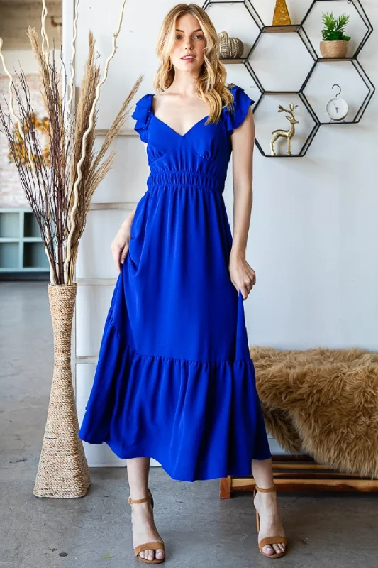 Midi dresses with one - shoulder designs for a modern and asymmetric styleRoyal Tie Back Sleeveless Ruffled Midi Dress Midi dresses with one - shoulder designs for a modern and asymmetric styleRoyal Tie Back Sleeveless Ruffled Midi Dress