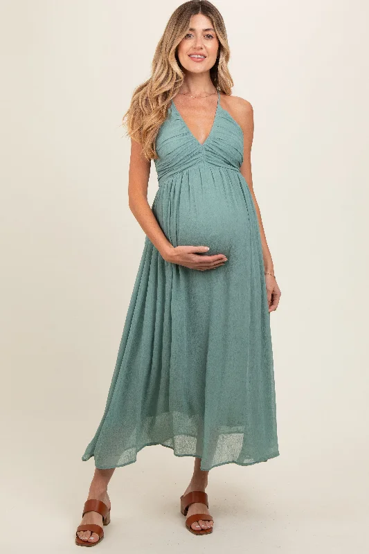 Midi dresses with patchwork patterns for a one - of - a - kind styleSage Ruched V-Neck Maternity Midi Dress