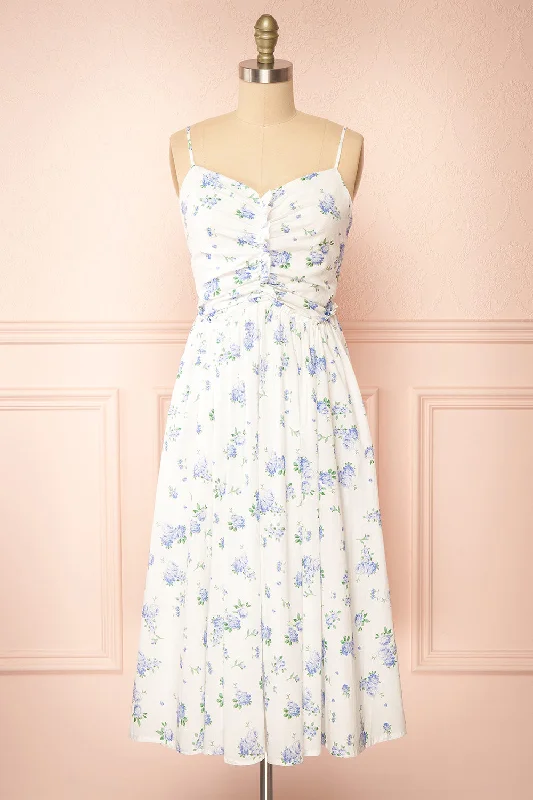 Midi dresses with wrap - around skirts for a customizable fitSayonelle | Short White A-line Dress w/ Blue Floral Motif Midi dresses with wrap - around skirts for a customizable fitSayonelle | Short White A-line Dress w/ Blue Floral Motif