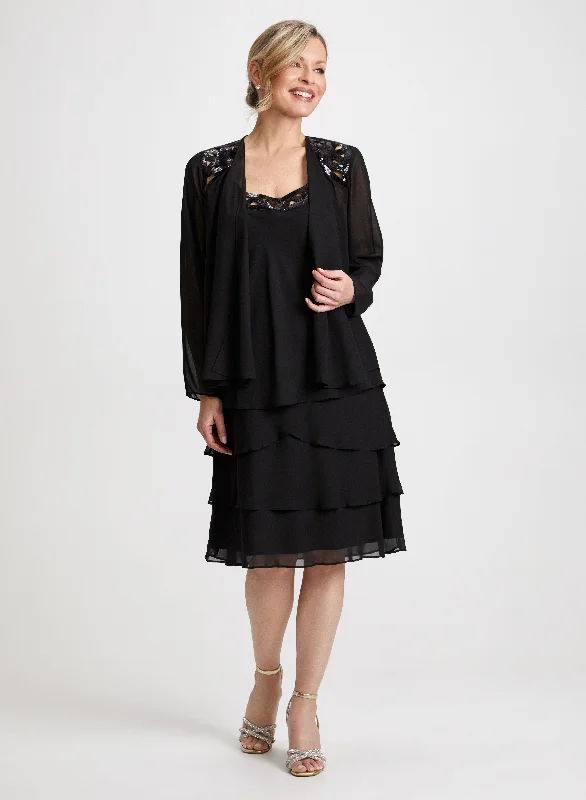 Sheath midi dresses with beaded embellishments for a formal occasionSequin Trim Chiffon Dress & Jacket Set Sheath midi dresses with beaded embellishments for a formal occasionSequin Trim Chiffon Dress & Jacket Set