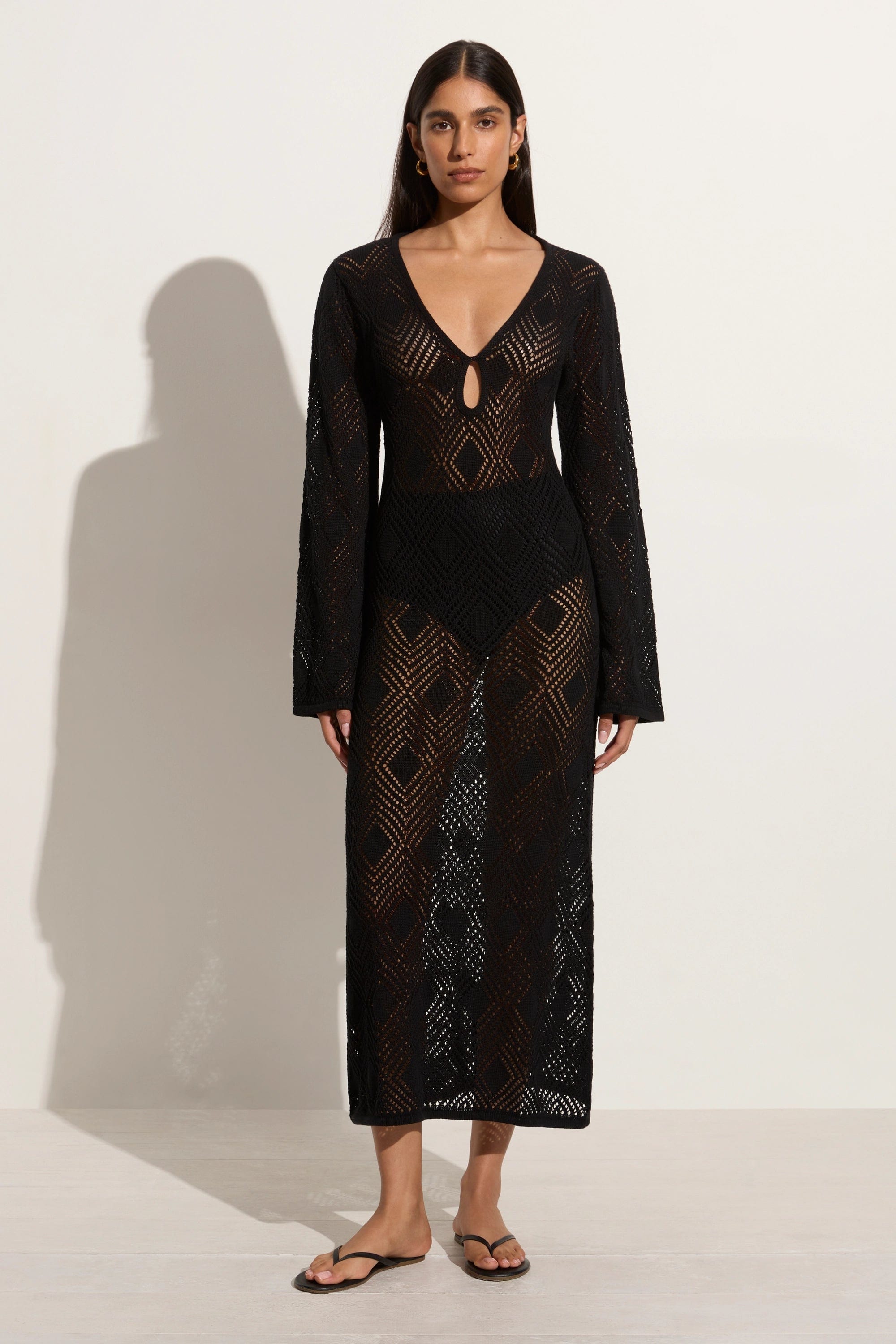 A - line midi dresses with floral prints for spring brunchesSerena Pointelle Knit Dress Black