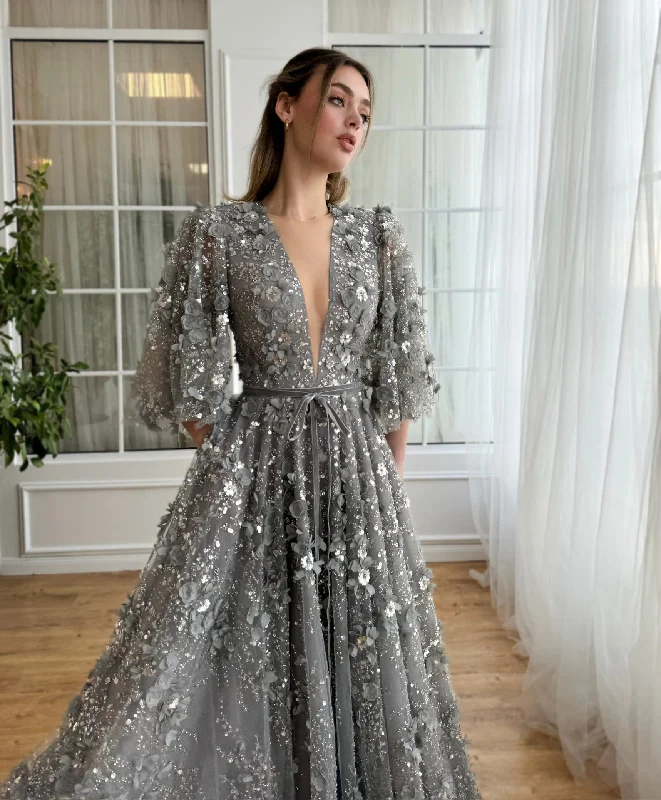 Sleeveless midi dresses with lace details for summer weddingsSilver Blossom Gala Gown