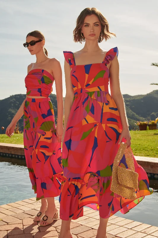 Midi dresses with tiered skirts for a bohemian festival lookSoleil Abstract Portia Midi Dress