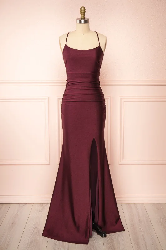Midi dresses with pom - pom trims for a playful and festive lookSonia Burgundy | Mermaid Maxi Dress w/ Slit Midi dresses with pom - pom trims for a playful and festive lookSonia Burgundy | Mermaid Maxi Dress w/ Slit