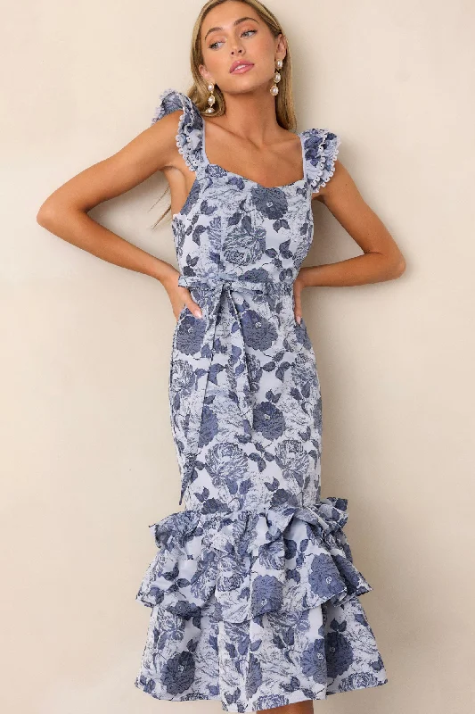 Velvet midi dresses in jewel tones for a glamorous winter eventStart All Over Blue Floral Ruffle Midi Dress