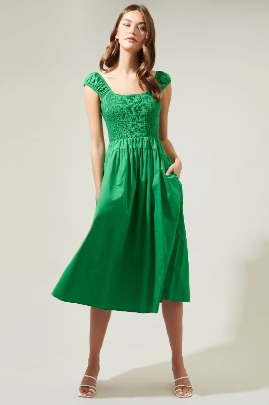 Midi dresses with gathered skirts for a full and flowing silhouetteStasia Yoke Smocked Midi Dress