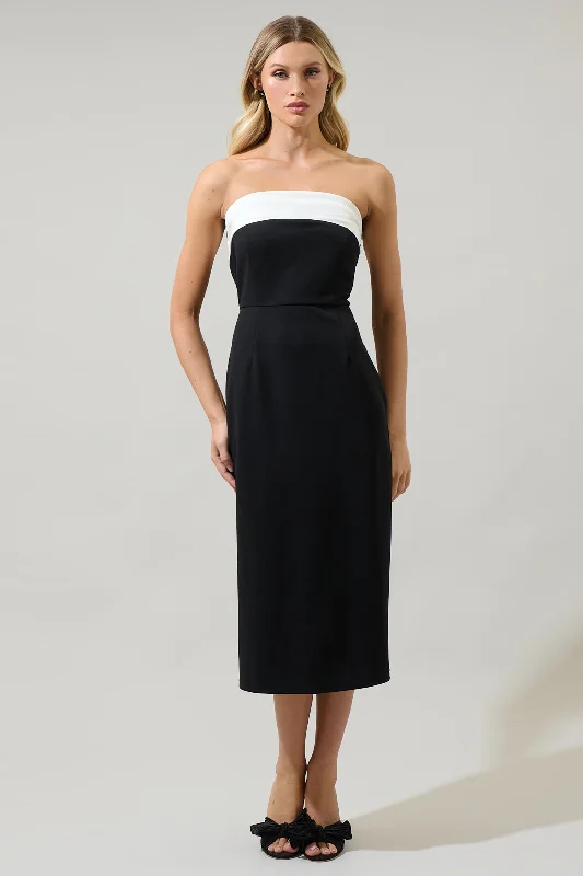 Midi dresses with V - necklines for a flattering and elongating effectStella Strapless Color Block Midi Dress Midi dresses with V - necklines for a flattering and elongating effectStella Strapless Color Block Midi Dress