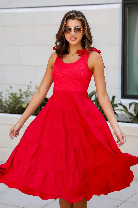Midi dresses with halter necks for a stylish and comfortable optionSweet Daylight Red Tiered Midi Dress