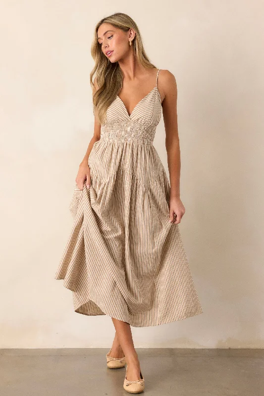 Midi dresses with patchwork patterns for a one - of - a - kind styleSweet Harmony Tan Stripe Sleeveless Midi Dress