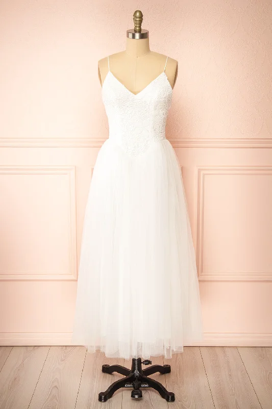 Midi dresses with button - down skirts for a unique and functional designTallina | White Tulle Midi Dress w/ Floral Embroidery Midi dresses with button - down skirts for a unique and functional designTallina | White Tulle Midi Dress w/ Floral Embroidery
