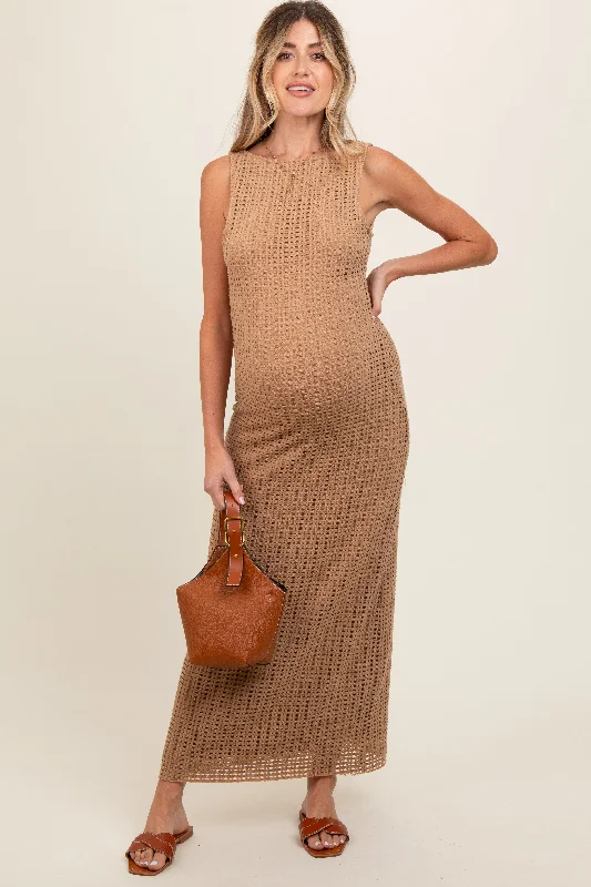 Plaid midi dresses for a fall - themed family gatheringTaupe Fish Net Knit Maternity Dress