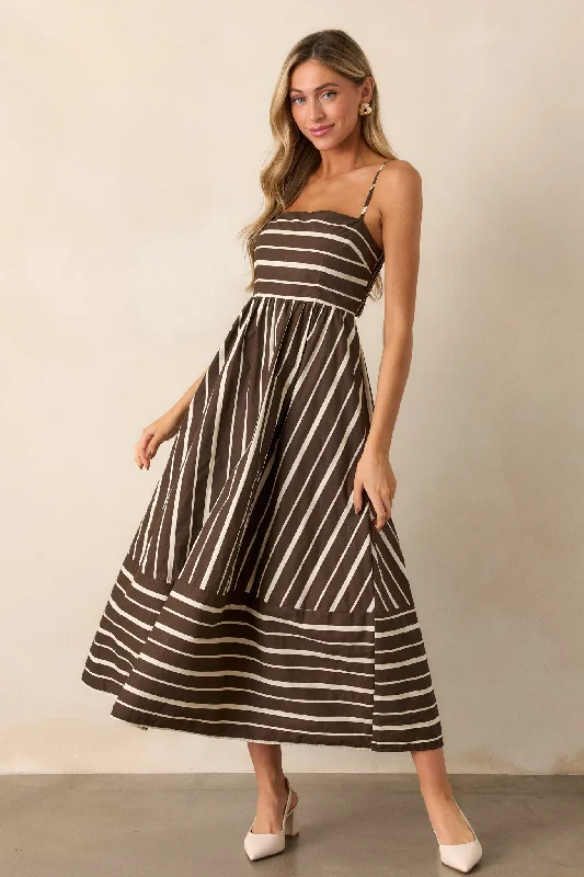 Midi dresses with wrap - around skirts for a customizable fitThe Art of Balance 100% Cotton Brown Stripe Sleeveless Midi Dress
