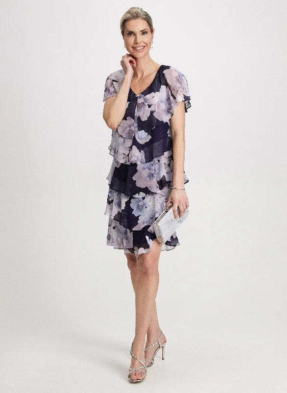 Midi dresses with satin - finish fabrics for a luxurious feelTiered Floral Capelet Dress