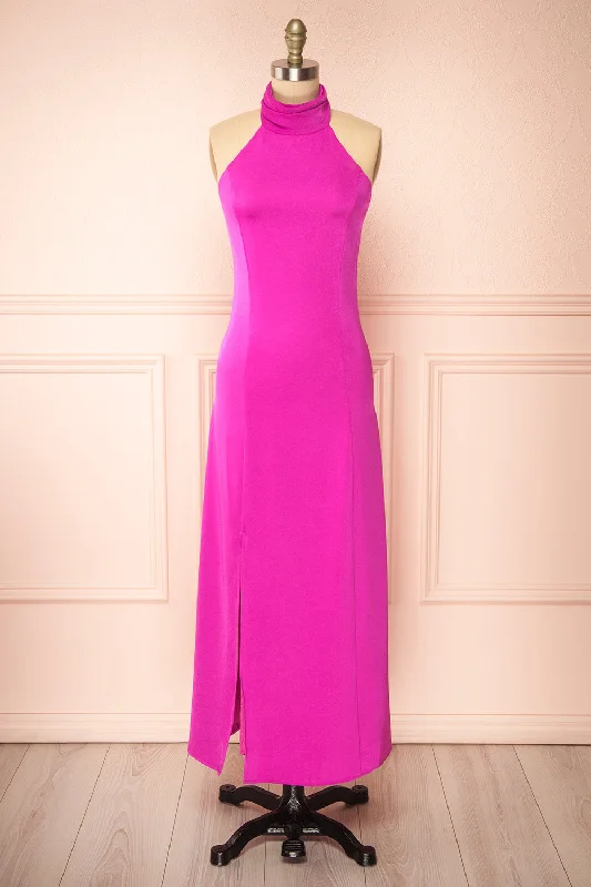 Midi dresses with off - the - shoulder necklines for a flirty lookTirielle | Long Fuchsia Satin Dress w/ Slit Midi dresses with off - the - shoulder necklines for a flirty lookTirielle | Long Fuchsia Satin Dress w/ Slit
