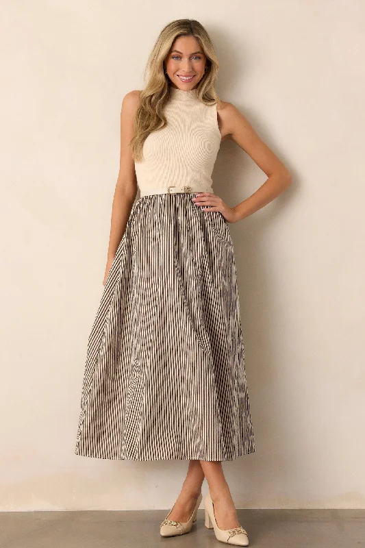 Midi dresses with V - necklines for a flattering and elongating effectToffee Dreams Beige Stripe Mock Neck Midi Dress Midi dresses with V - necklines for a flattering and elongating effectToffee Dreams Beige Stripe Mock Neck Midi Dress