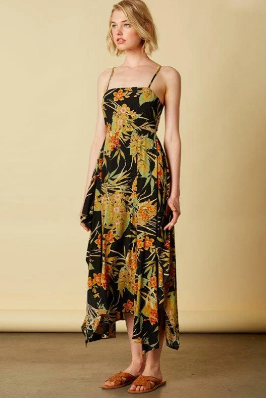 Midi dresses with ruched bodices for a feminine and fitted feelTropical Thunder Black Floral Tie Back Midi Dress