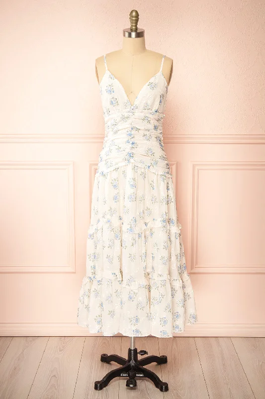 Midi dresses with V - necklines for a flattering and elongating effectUrsula | Long White Dress w/ Vintage Floral Motif Midi dresses with V - necklines for a flattering and elongating effectUrsula | Long White Dress w/ Vintage Floral Motif