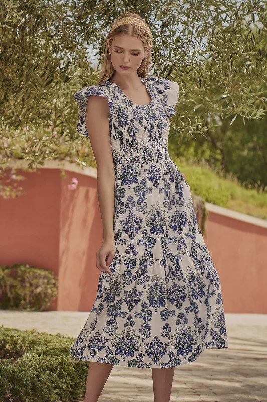Midi dresses with V - necklines for a flattering and elongating effectViara Floral Giza Glare Smock Tiered Midi Dress