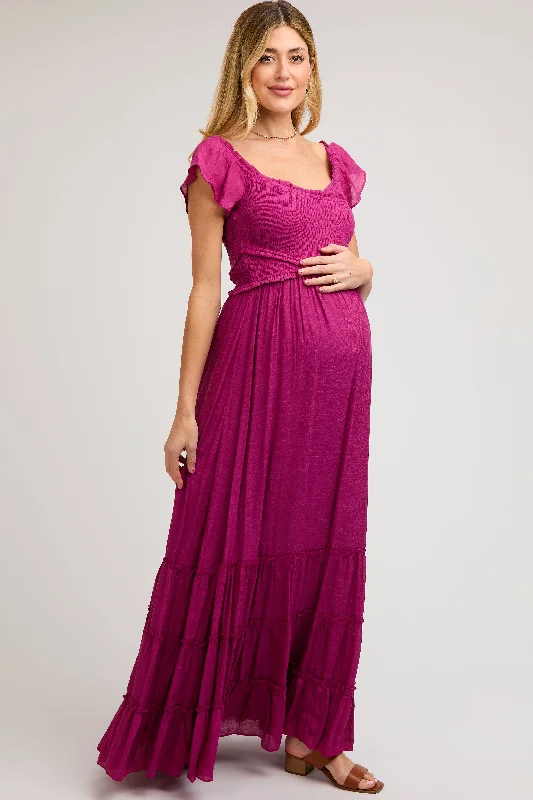 Midi dresses with asymmetric hems for a fashion - forward and dynamic appearanceViolet Smocked Crossover Off Shoulder Maternity Maxi Dress Midi dresses with asymmetric hems for a fashion - forward and dynamic appearanceViolet Smocked Crossover Off Shoulder Maternity Maxi Dress