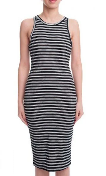 Midi dresses with V - necklines for a flattering and elongating effectVirginia Black and  Ivory Striped Tank Dress