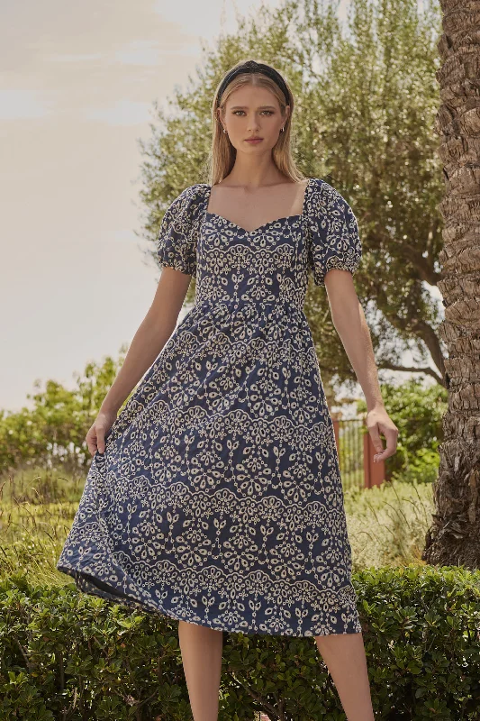 Midi dresses with satin - finish fabrics for a luxurious feelViridiana Floral Eyelet Alessi Puff Sleeve Midi Dres