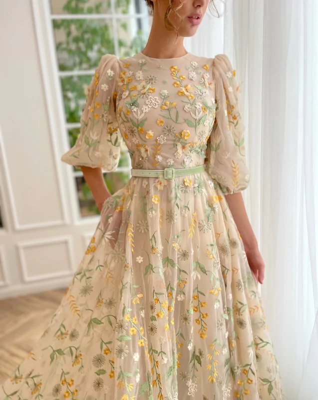 Midi dresses with puff sleeves for a vintage - inspired lookWhimsical Flora Gown