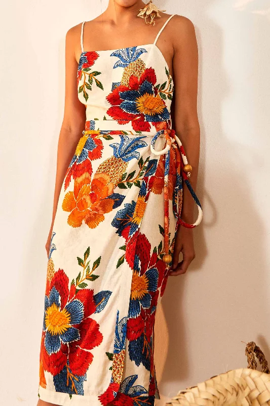 Midi dresses with ruffled hems for a romantic date nightWhite Pineapple Flowers Midi Dress