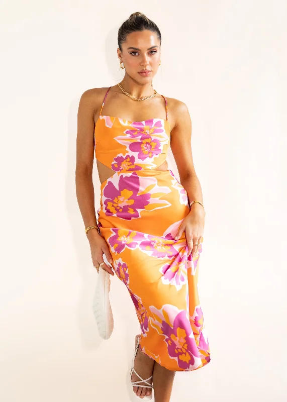Midi dresses with cold - shoulder cutouts for a trendy styleYarah Midi Dress - Tangerine Floral Midi dresses with cold - shoulder cutouts for a trendy styleYarah Midi Dress - Tangerine Floral