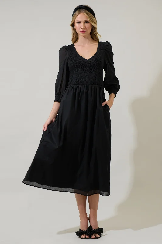 Midi dresses with denim fabric for a casual yet stylish day outZelda Smocked Long Sleeve Cotton Voile Midi Dress