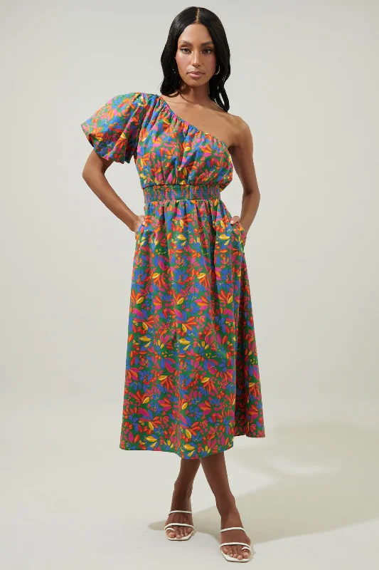 Midi dresses with pleated skirts for a timeless and elegant appealZhade Tropics Bridgette One Shoulder Midi Dress