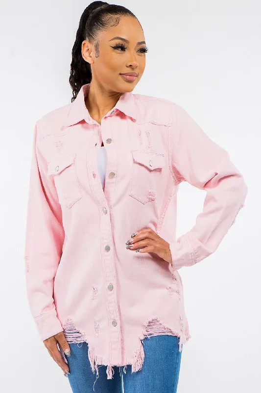 Denim Top with a Floral Print for a Feminine TouchAmerican Bazi Frayed Hem Distressed Denim Jacket