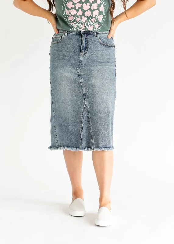 A - line denim skirts for a feminine silhouetteAvril A-Line Midi Denim Skirt - FINAL SALE