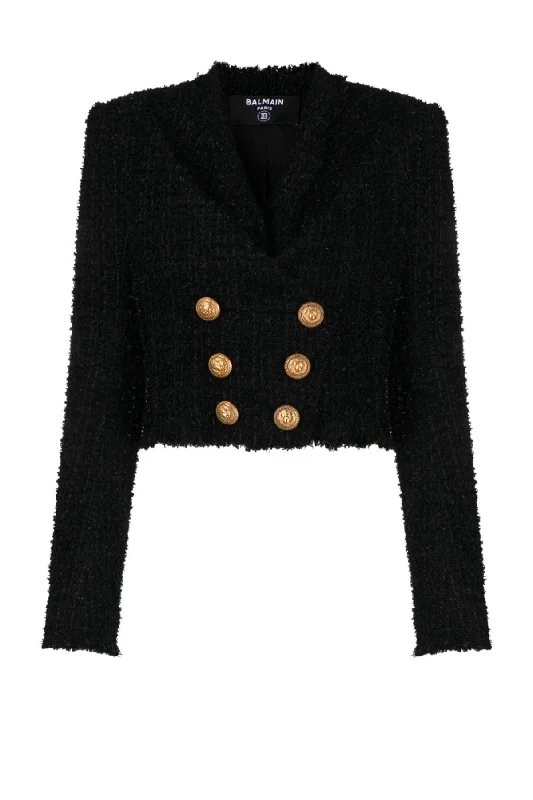 Cropped Denim Top to Pair with High - Waisted BottomsBalmain Double Breasted Cropped Blazer - Black