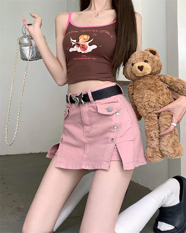 Button - front denim skirts for a traditional lookBarbie Side Slit Denim Mini Skort