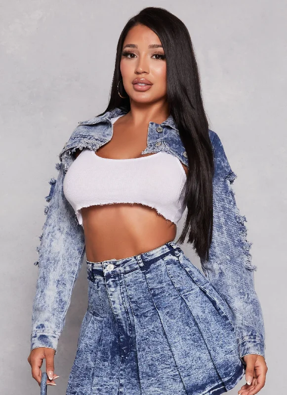 Denim Top with a Belted Waist for a Defined SilhouetteDistressed Frayed Hem Bolero Denim Jacket