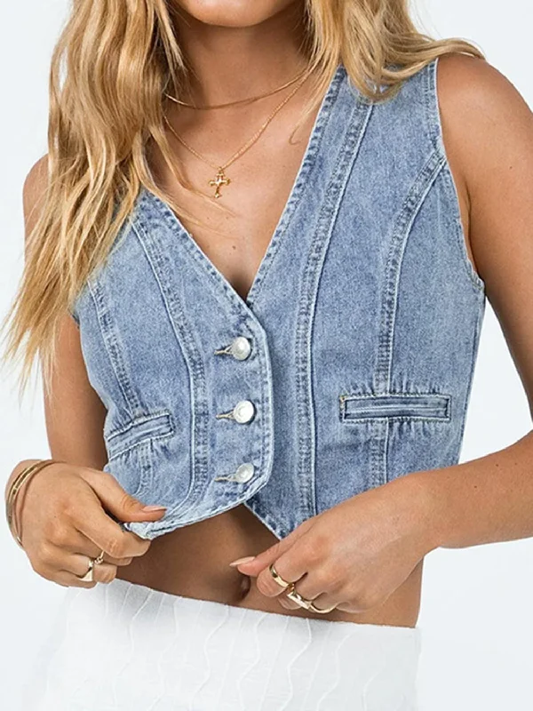 Patchwork Denim Top with a Unique and Artistic AppealButton Up Sleeveless Denim Top
