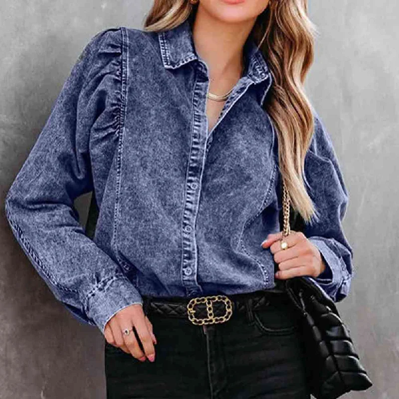 Denim Top with a Metallic Accent for a Shiny LookCollared Neck Buttoned Denim Shirt