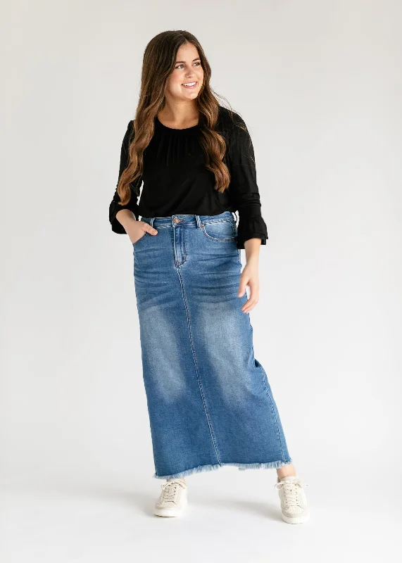 Denim skirts with sneakers for a sporty lookDakotah Raw Hem Long Denim Skirt