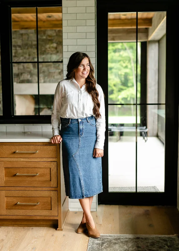 Mid - length denim skirts for a classic styleDelaney Medium Wash Denim Midi Skirt