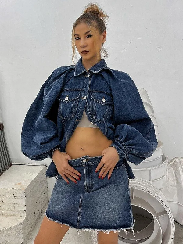 Blue denim skirts in various shadesDenim Jacket & Skirt Two Piece Set