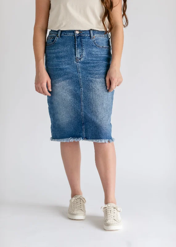 Denim skirts with statement jewelry for added glamourDrew Raw Hem Midi Denim Skirt
